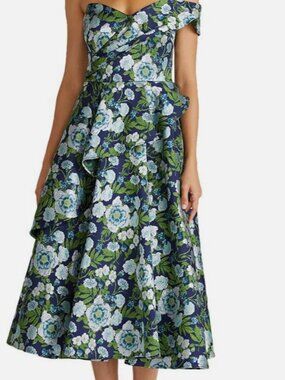 Theia Women Blue Tatum Peplum a-Line MIDI Dress Size 4